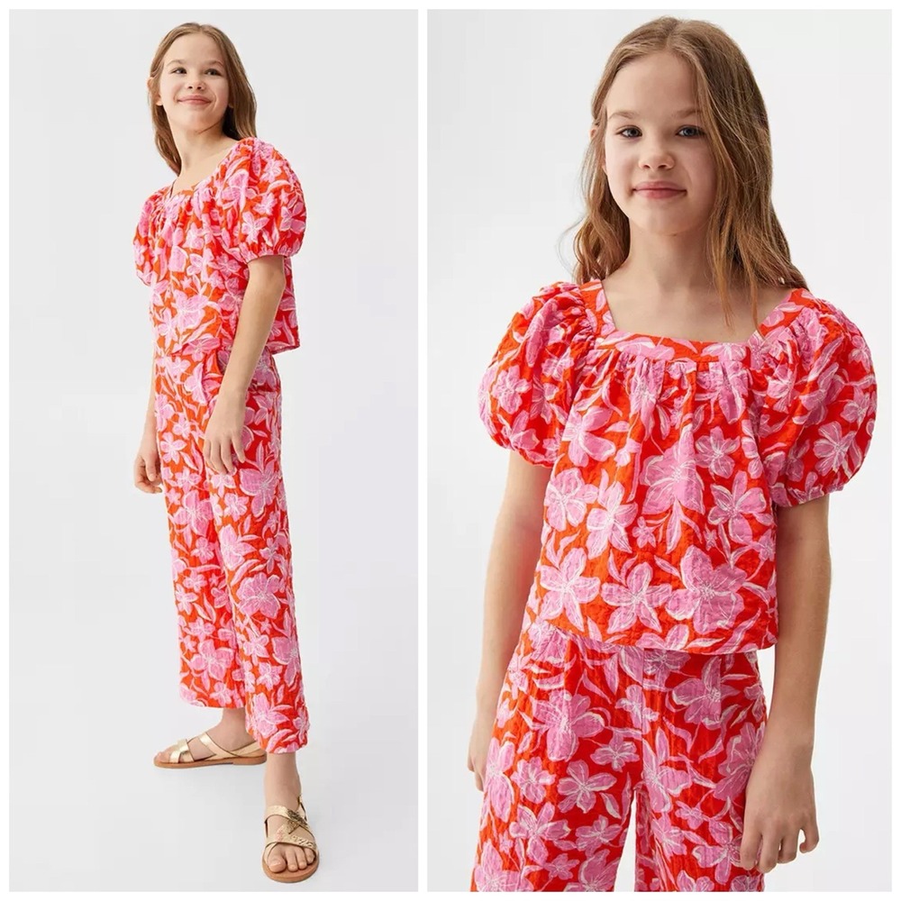 Mango MNG Girls 11-12 Pink 2 Piece Matching Outfit Set Wide Leg Crinkle Cotton